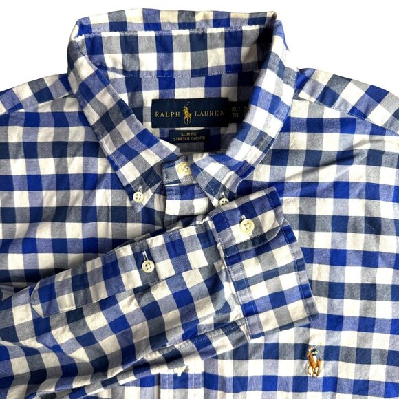 Ralph Lauren Button Up Oxford Shirt Men XL Slim Fit Blue Gingham Flesh Pony Logo - Picture 1 of 7